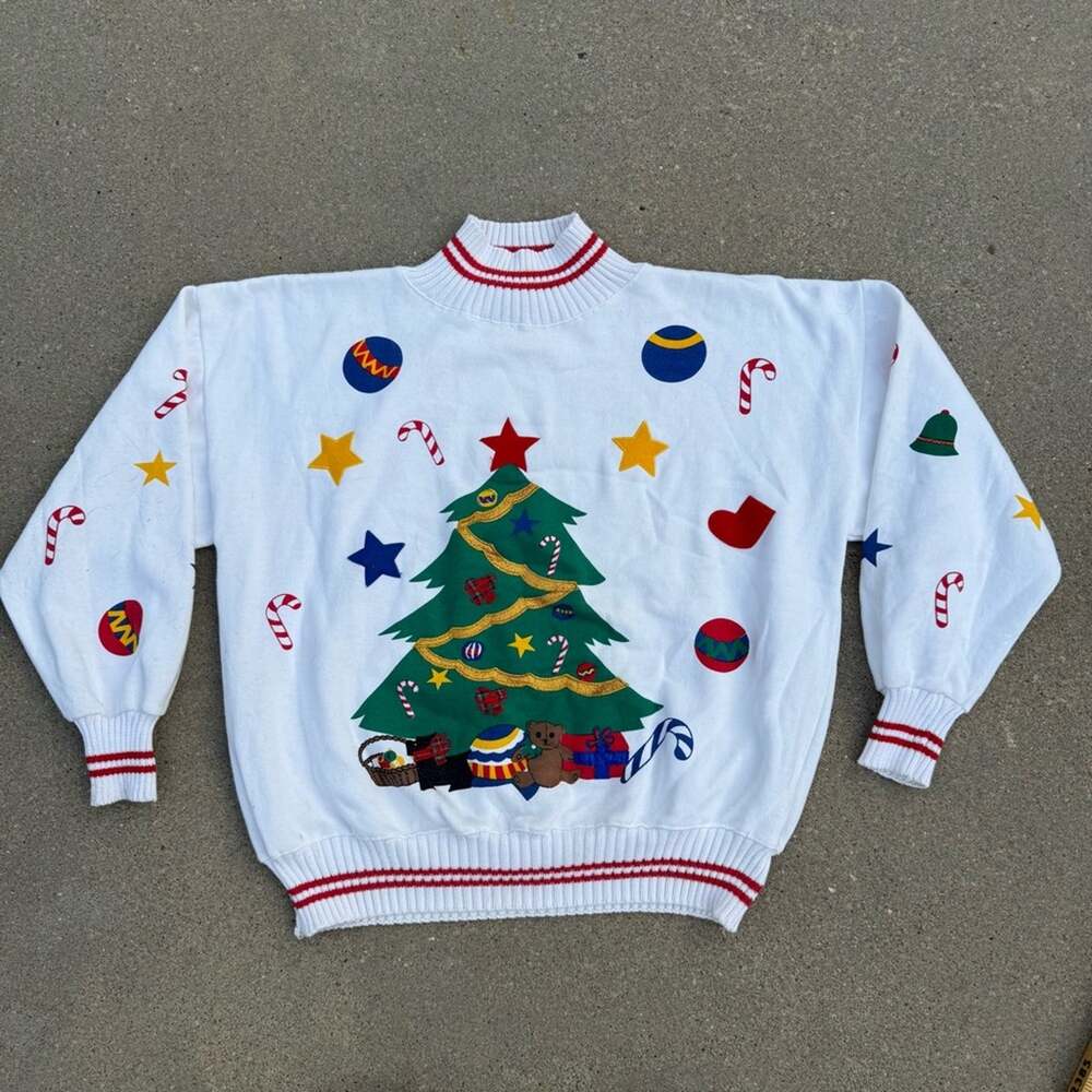 Vintage 80s Westbound Festive Christmas Tree Sweatshirt Appliqué Tree Ornaments